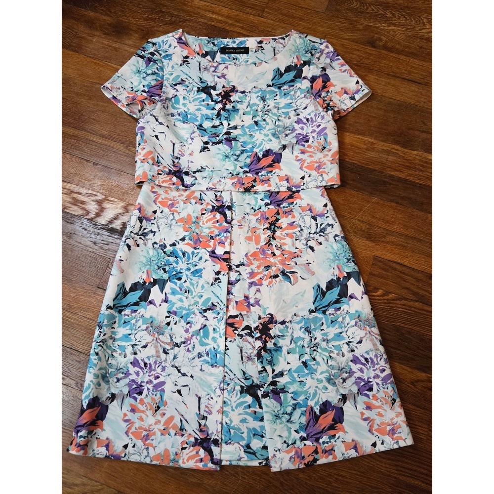 Ivanka Trump Floral Popover Sheath Dress Blue Orange Retro Print Size 2